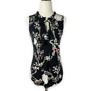 WHBM Tie Neck Tassel Sleeveless Shell Blouse Tank Top Dark Floral XS